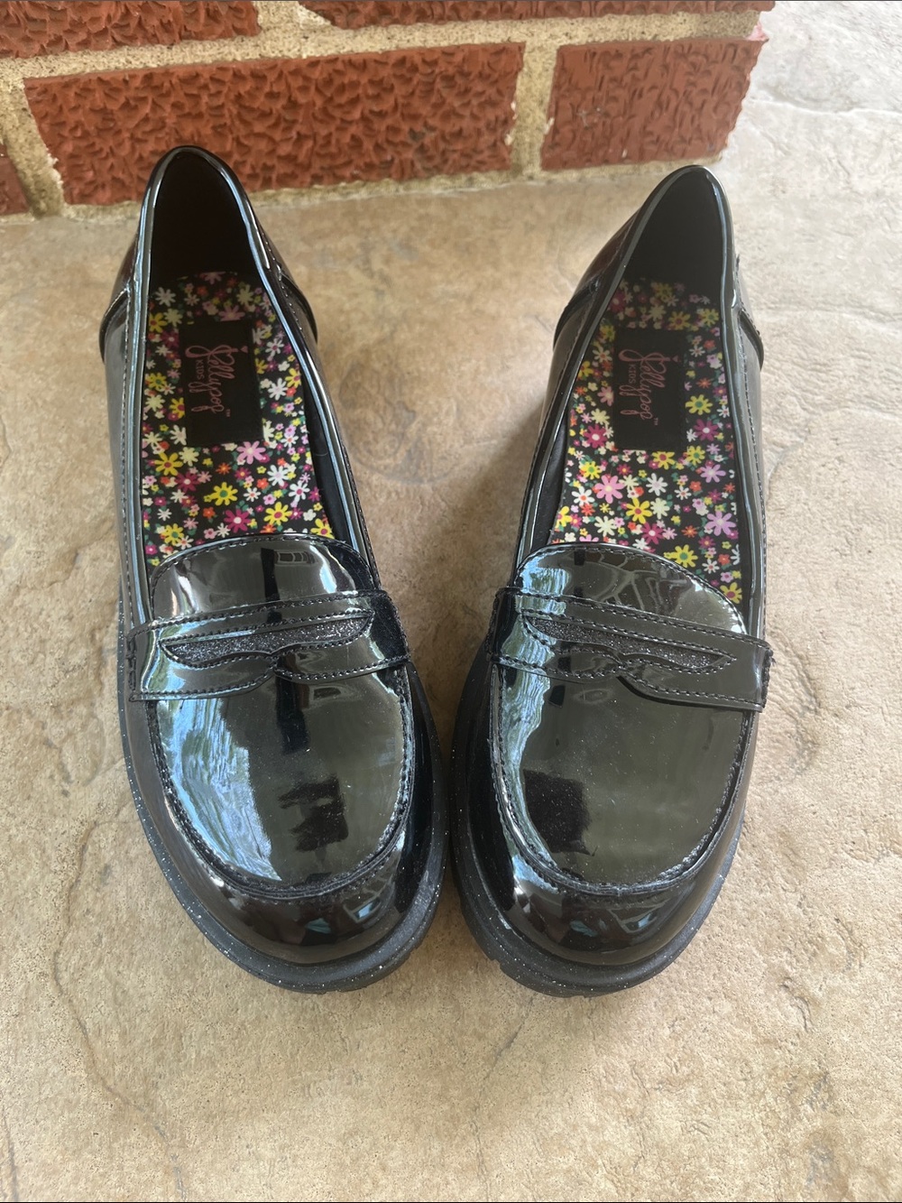 Jellypop Black Patent Loafers with Floral Insole